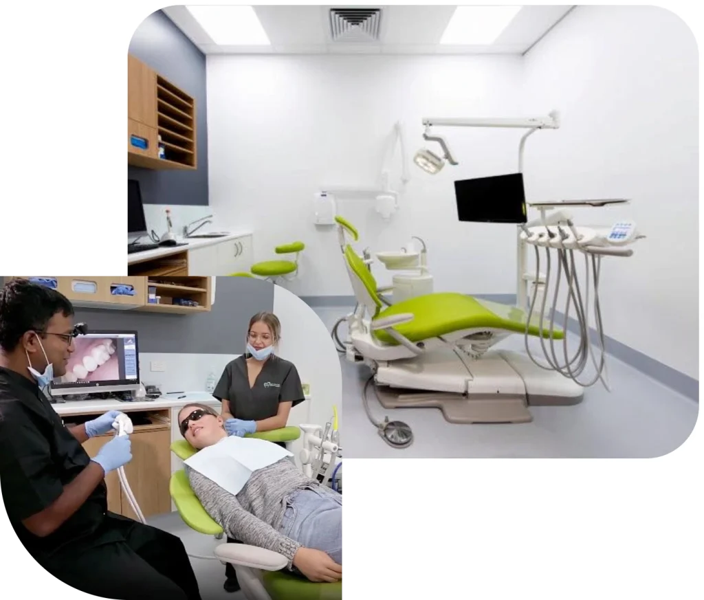 The dental chair and various dental equipment are visible in the room.