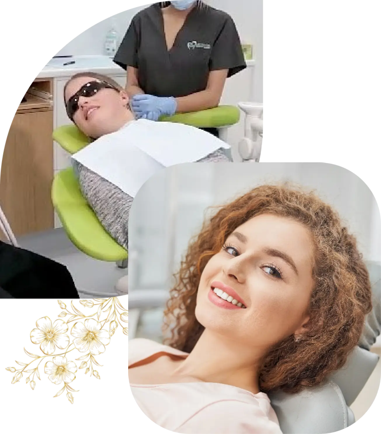 A patient reclines in a dental chair wearing protective glasses while a dental professional in a mask attends to her.