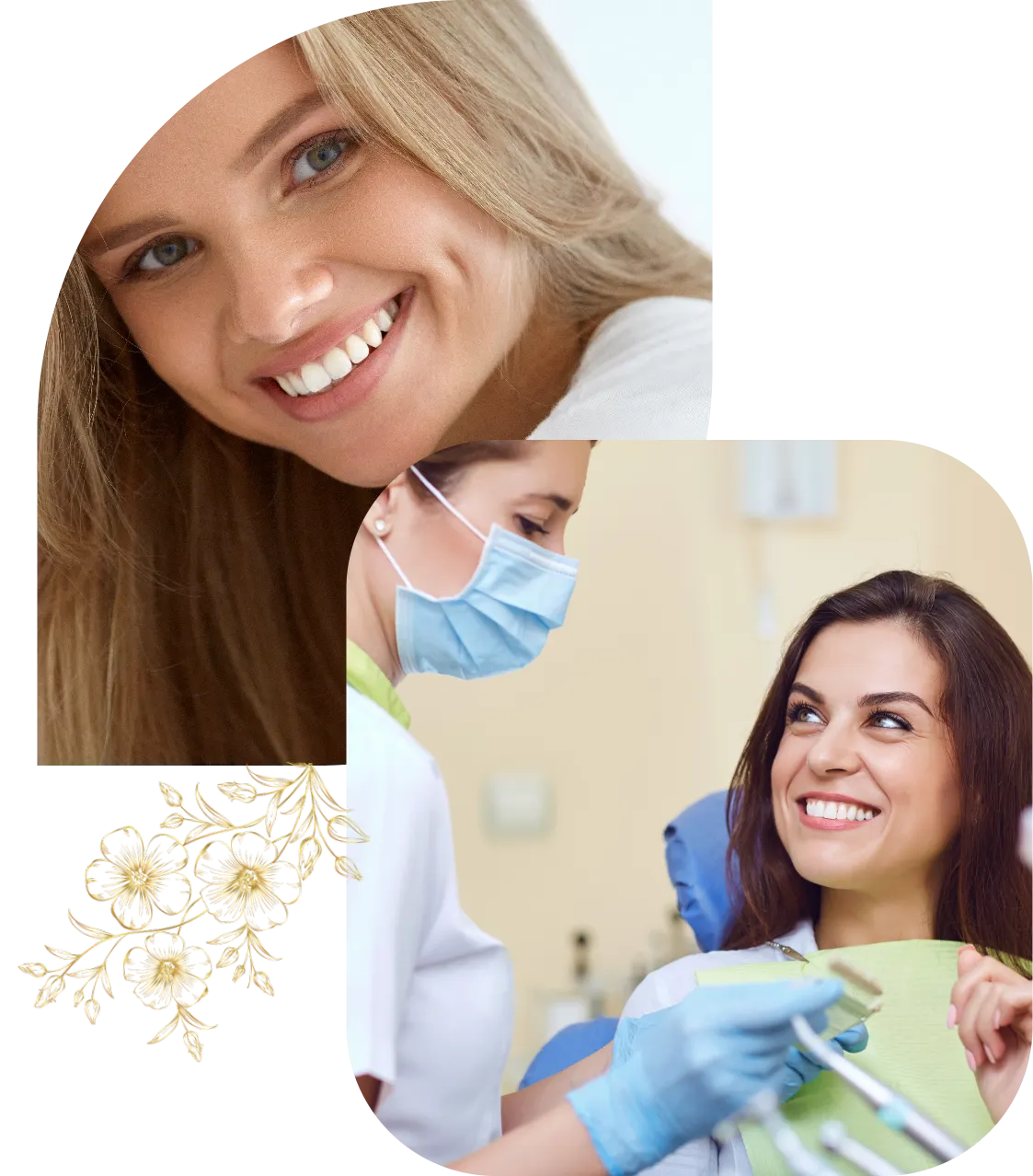 The first woman smiling at the camera. The second woman sitting in a dental chair, smiling at a masked dental hygienist who is holding dental tools.