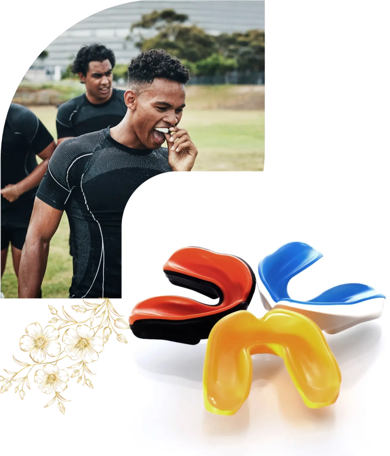 Two individuals in athletic gear stand outside, with one about to insert a mouthguard. Below, a close-up of four brightly colored mouthguards: orange with black, blue, yellow, and clear with blue accents.